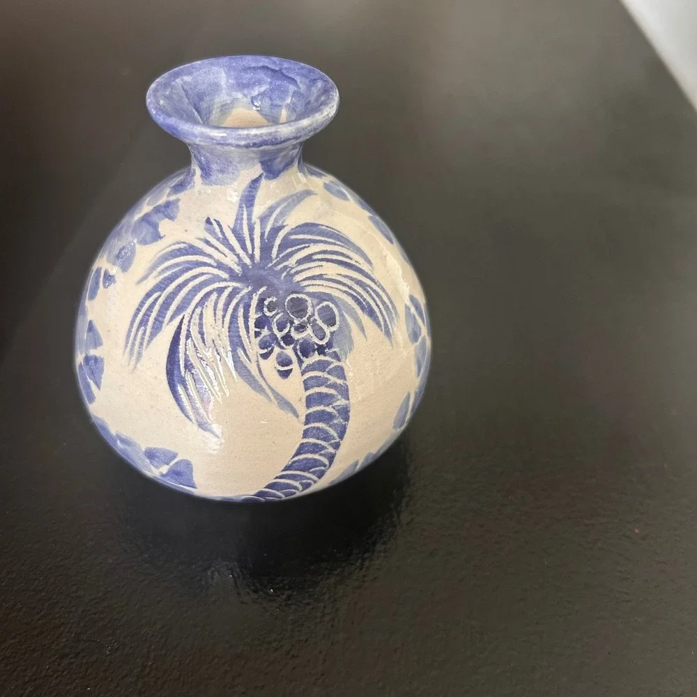 David Franke Studio Pottery Blue Palm Tree Ceramic Bud Vase Signed 2001